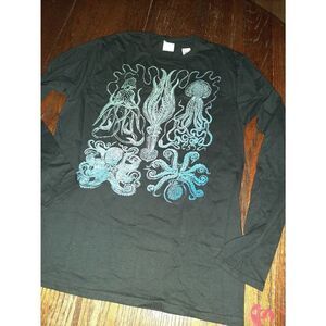 New Medium Long Sleeve Cotton Octapus Black Blue Tee TShirt Top NWT